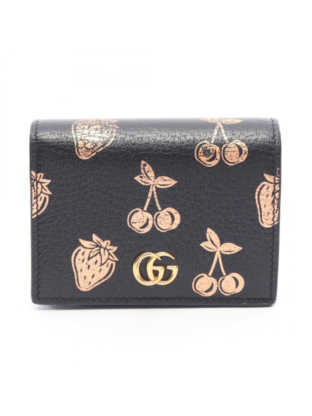 Gucci Bifold Wallet Petit Marmont GG Fruit Pattern Black Pink Gold Leather